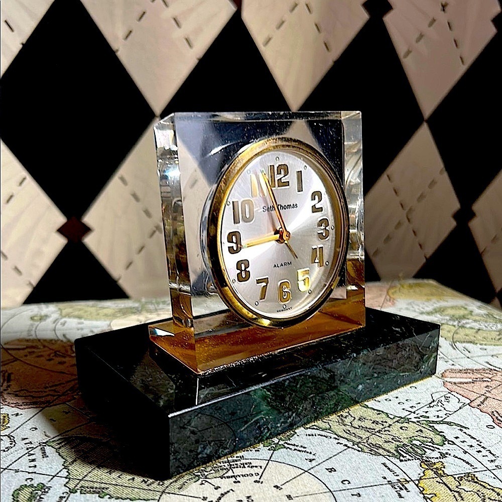 Vintage Marble Seth Thomas Desk Mantle Clock Green Marble & Lucite Mid-Century